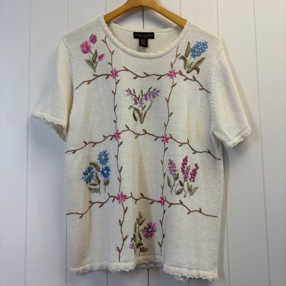 Vintage Haband Salon Studio Grannycore Floral Embroidered Sweater Women Size XL